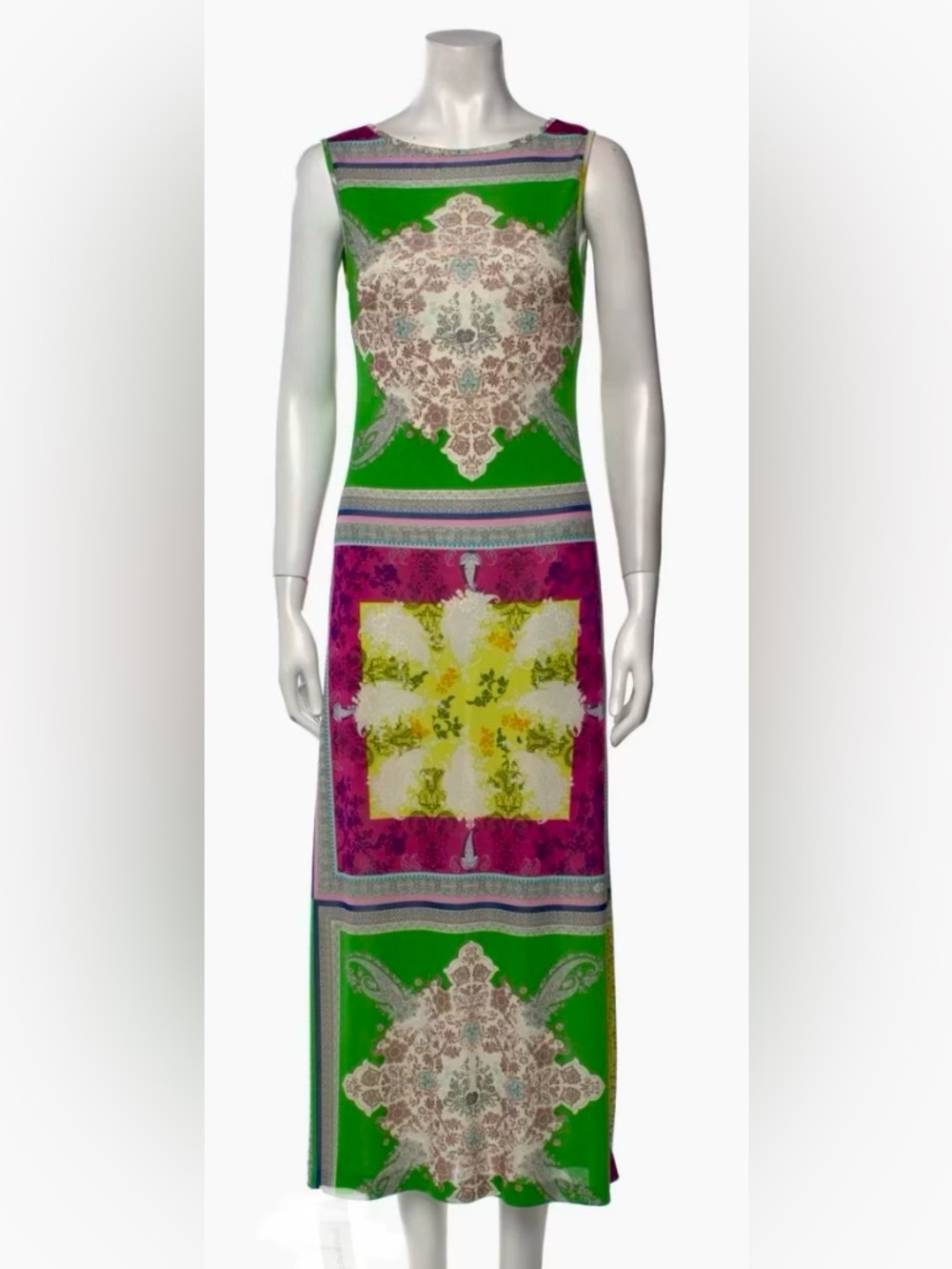 Etro Sleeveless Green & Pink Printed Maxi Dress